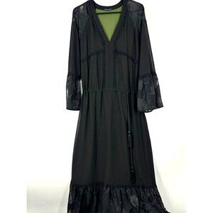 Vintage Sisley V-Neck Lace Long Sleeve Belted Maxi Dress Black 6